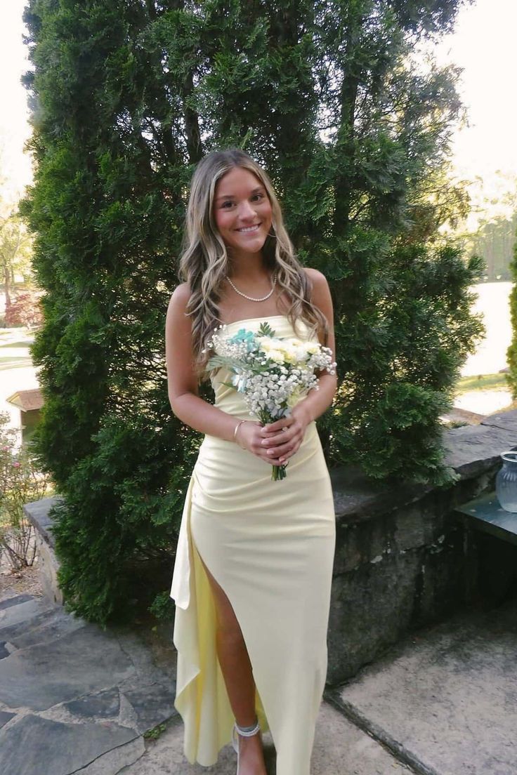 Strapless Navy Blue Pleated Long Dress with Slit