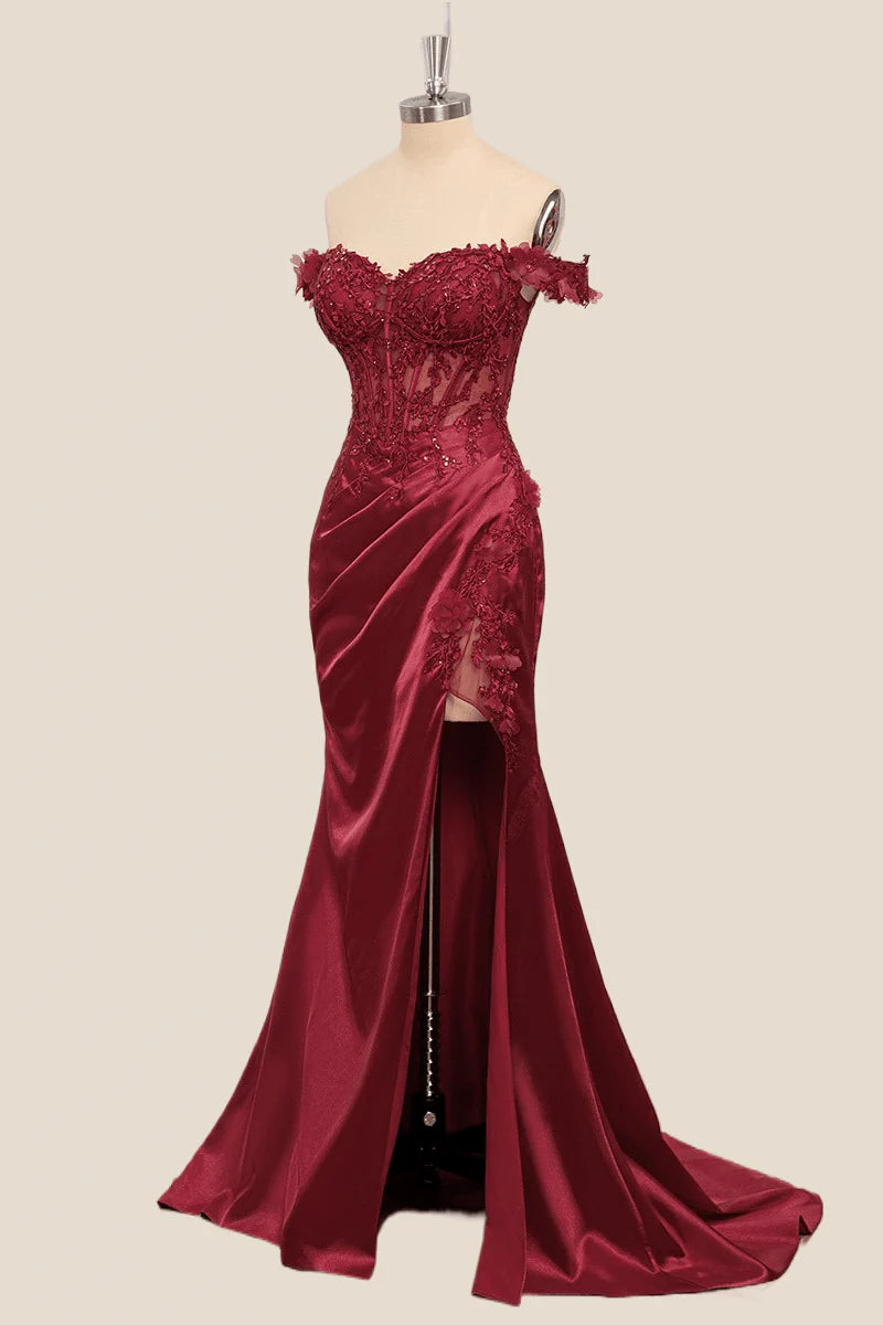 Lace Off the Shoulder Black Satin Mermaid Dress