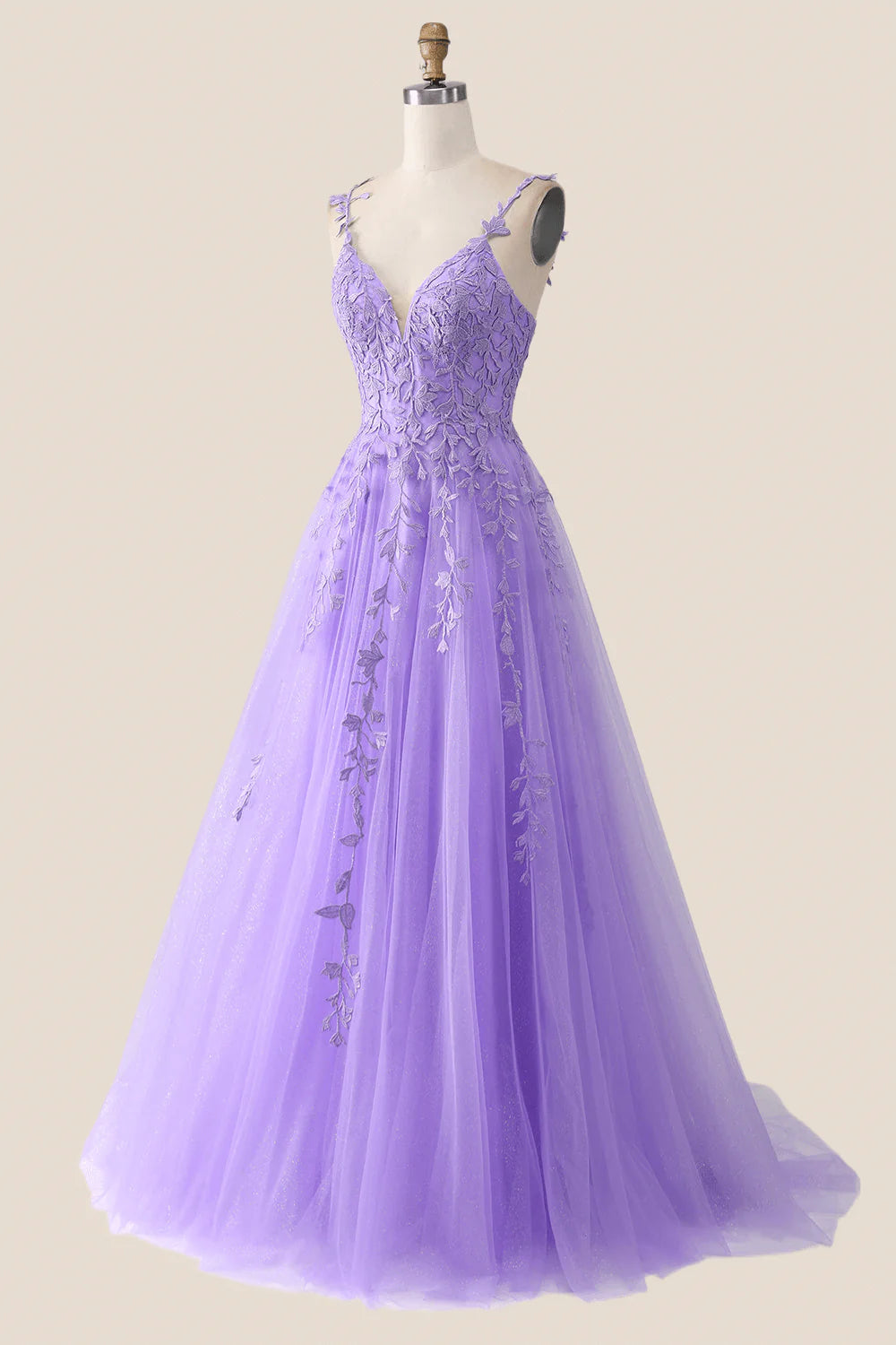 V Neck Lavender Lace A-line Long Prom Dress