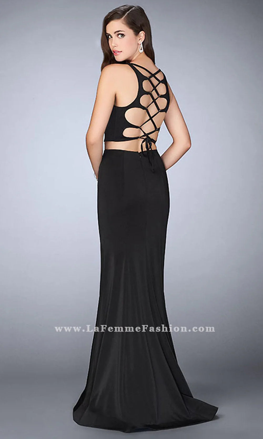 Two Piece La Femme Prom Dress with an Open Back