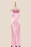 High Neck Pink Satin Fitted Long Bridesmaid Dress