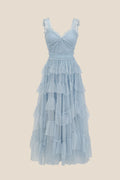 V-neck Blue Ruffle Tiered A-line Long Dress